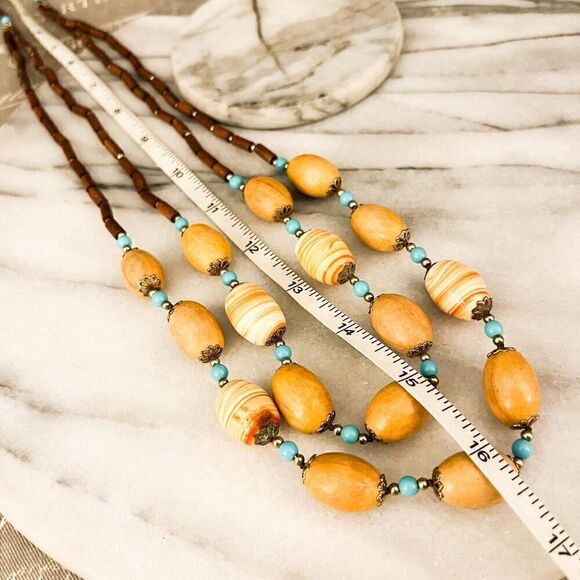 Liz Claiborne Wood Bead Necklace Brown Chunky 2 Strand Long Earthy Vintage 1990s - Picture 8 of 9
